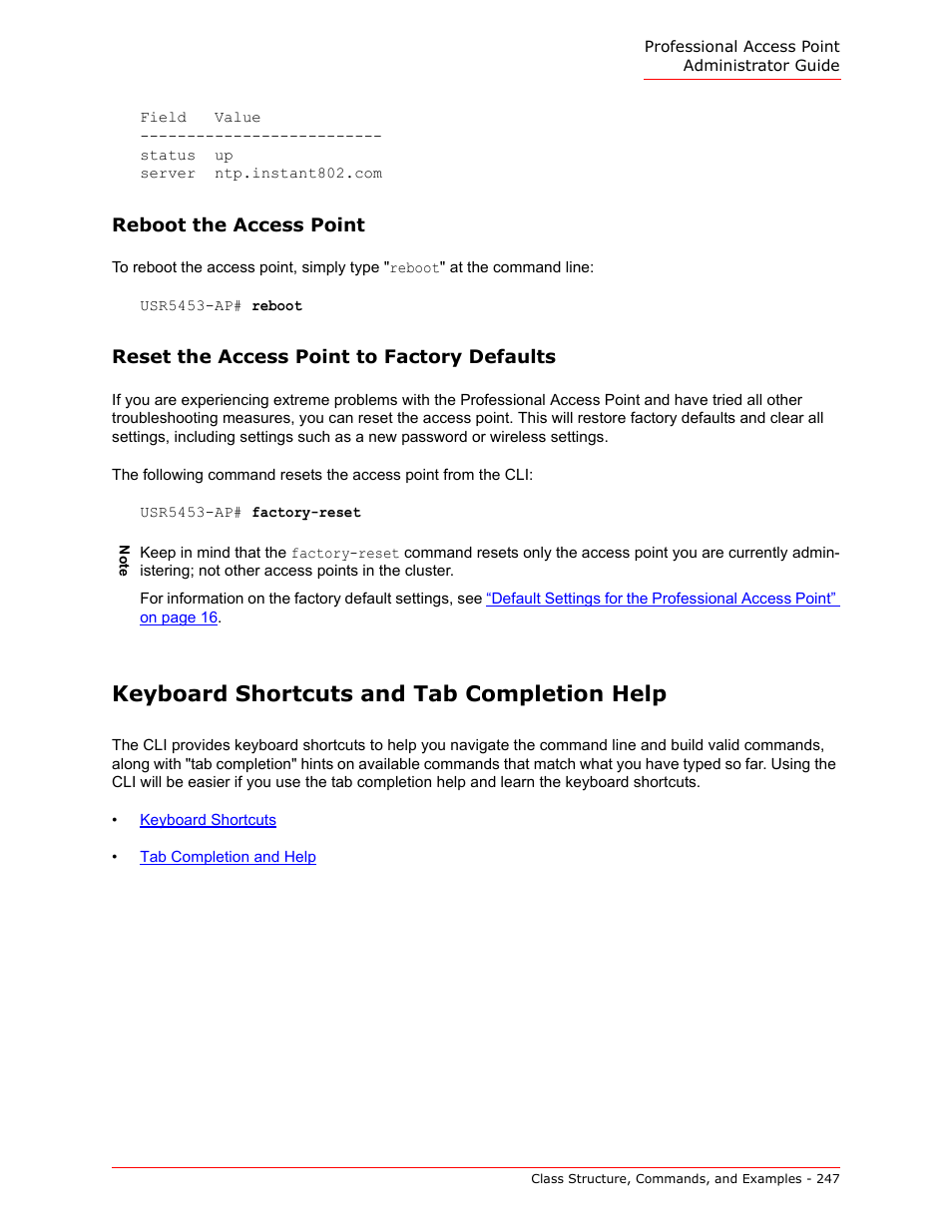 Keyboard shortcuts and tab completion help, Reboot the access point, Reset the access point to factory defaults | USRobotics Instant802 APSDK User Manual | Page 247 / 328