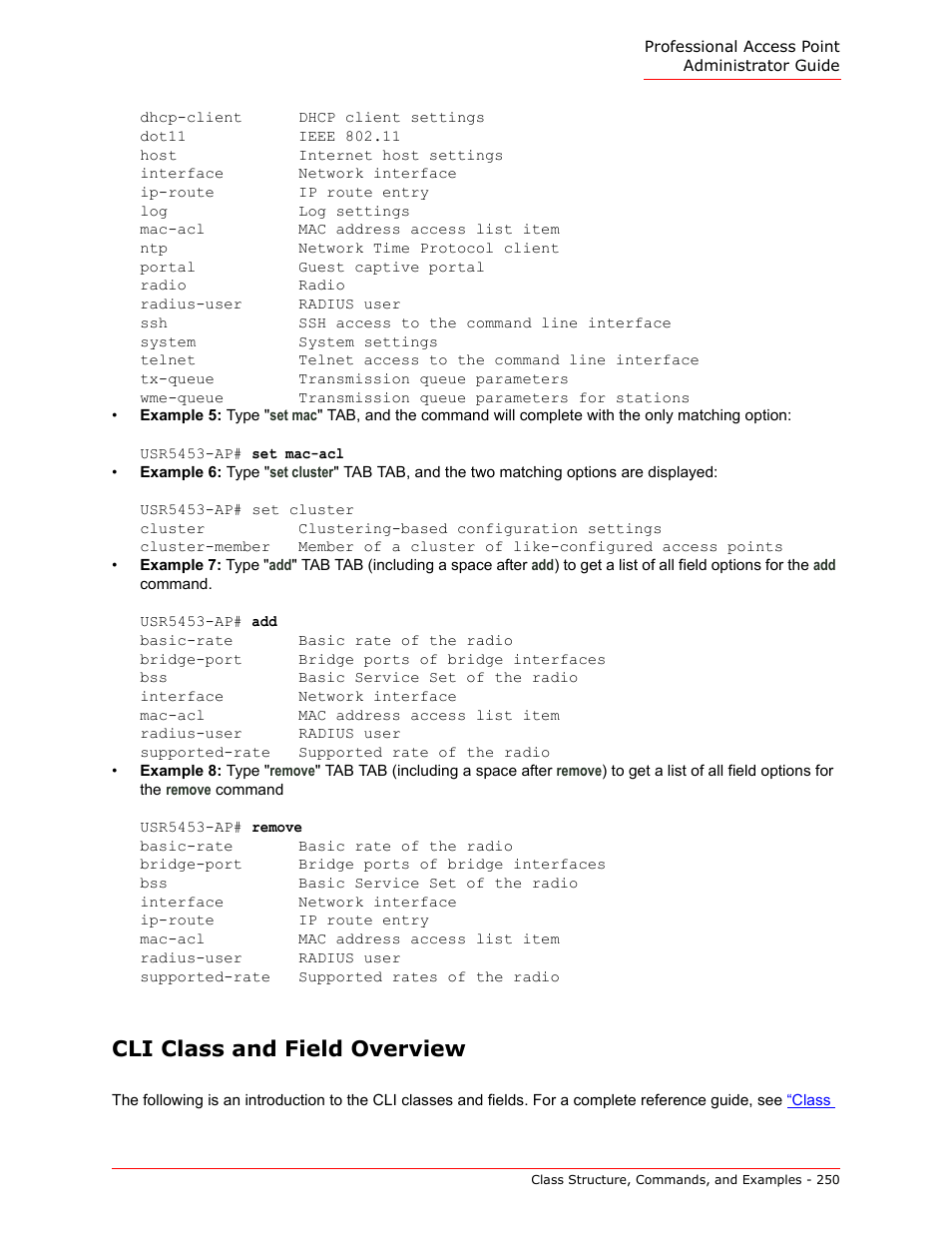 Cli class and field overview | USRobotics Instant802 APSDK User Manual | Page 250 / 328