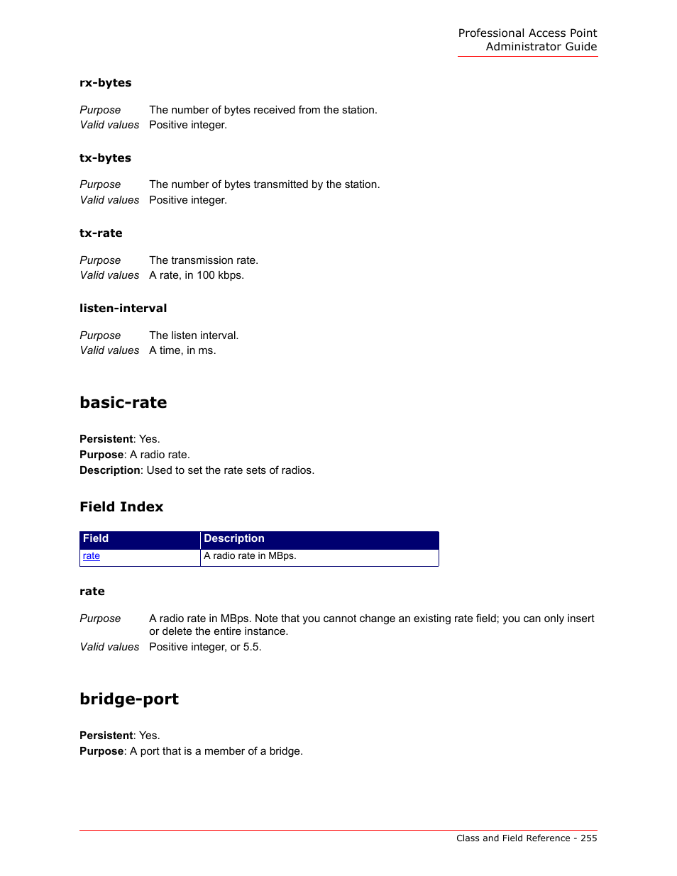 Basic-rate, Bridge-port, Rx-bytes | Tx-bytes, Tx-rate, Listen-interval | USRobotics Instant802 APSDK User Manual | Page 255 / 328