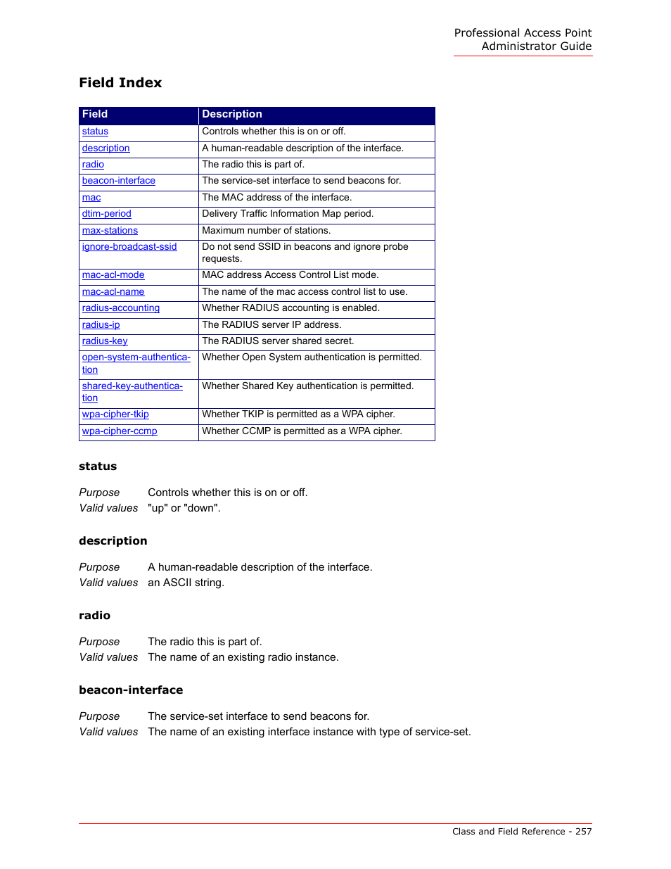 Field index | USRobotics Instant802 APSDK User Manual | Page 257 / 328