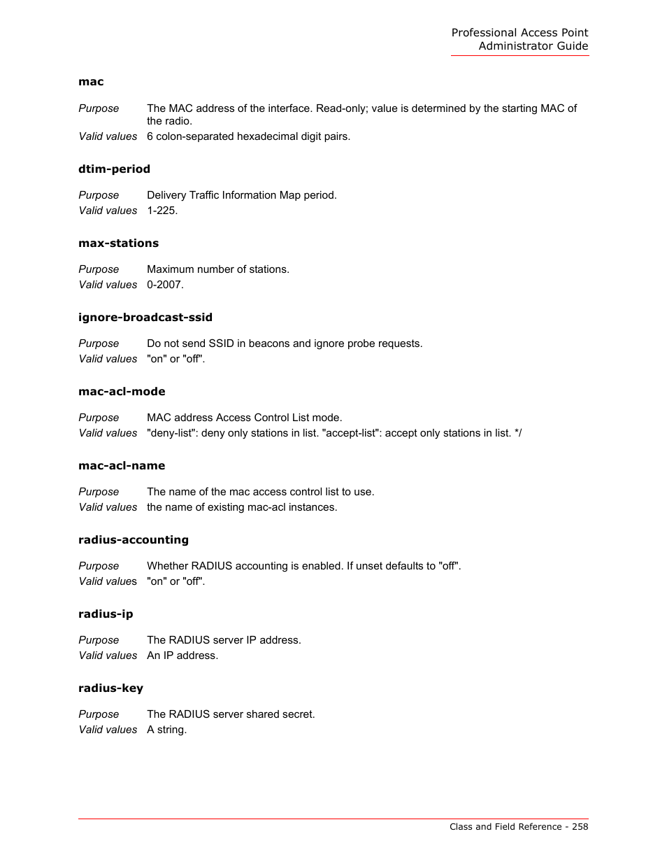 Dtim-period, Max-stations, Ignore-broadcast-ssid | Mac-acl-mode, Mac-acl-name, Radius-accounting, Radius-ip, Radius-key | USRobotics Instant802 APSDK User Manual | Page 258 / 328