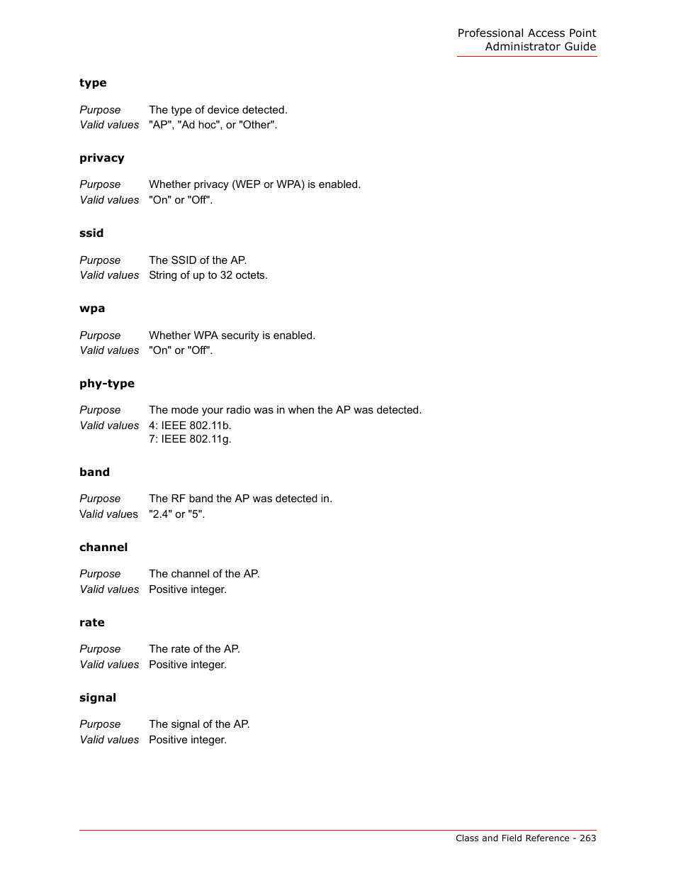 Type, Privacy, Ssid | Phy-type, Band, Channel, Rate, Signal | USRobotics Instant802 APSDK User Manual | Page 263 / 328