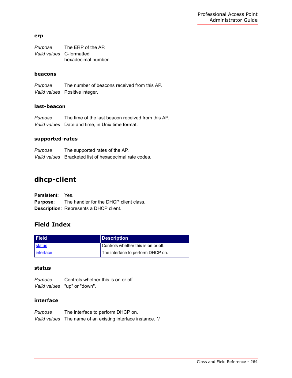 Dhcp-client, Beacons, Last-beacon | Supported-rates | USRobotics Instant802 APSDK User Manual | Page 264 / 328