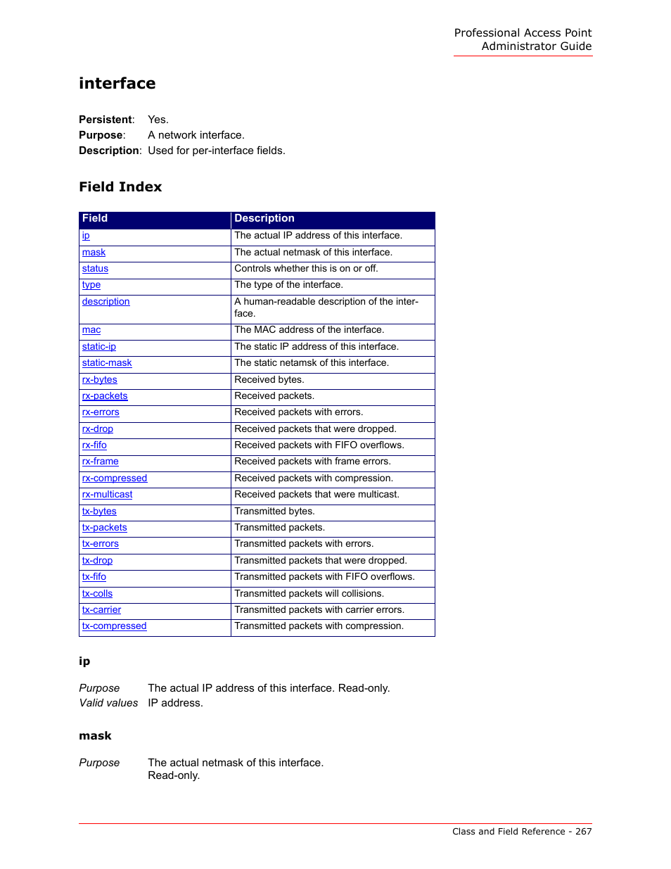 Interface, Field index | USRobotics Instant802 APSDK User Manual | Page 267 / 328