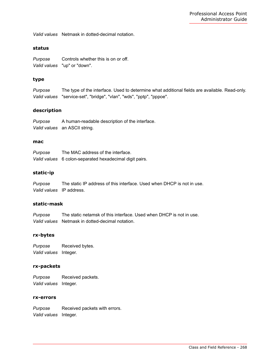 Status, Type, Description | Static-ip, Static-mask, Rx-bytes, Rx-packets, Rx-errors | USRobotics Instant802 APSDK User Manual | Page 268 / 328