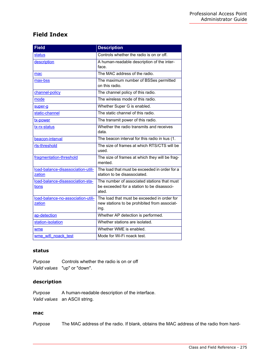 Field index | USRobotics Instant802 APSDK User Manual | Page 275 / 328