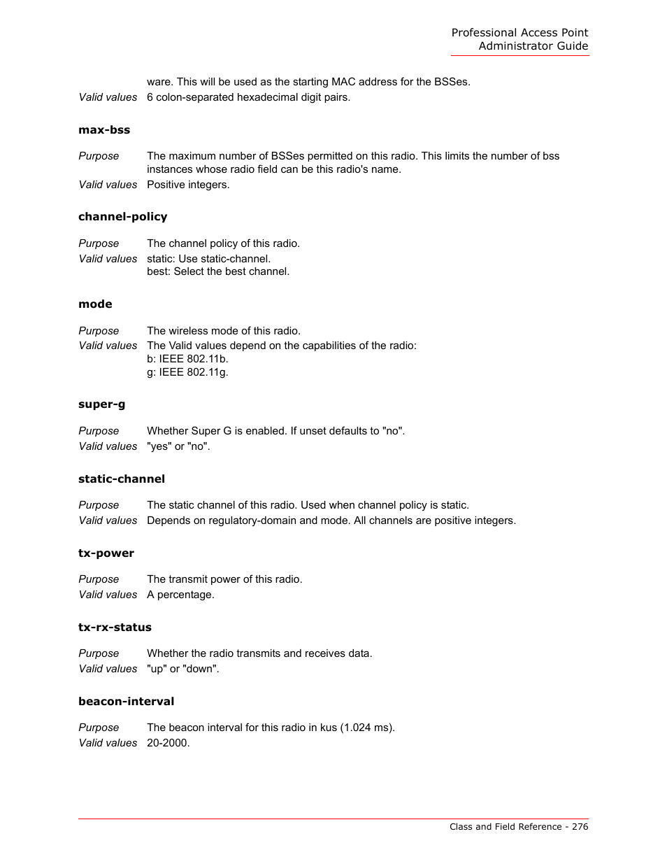 Max-bss, Channel-policy, Mode | Super-g, Static-channel, Tx-power, Tx-rx-status, Beacon-interval | USRobotics Instant802 APSDK User Manual | Page 276 / 328