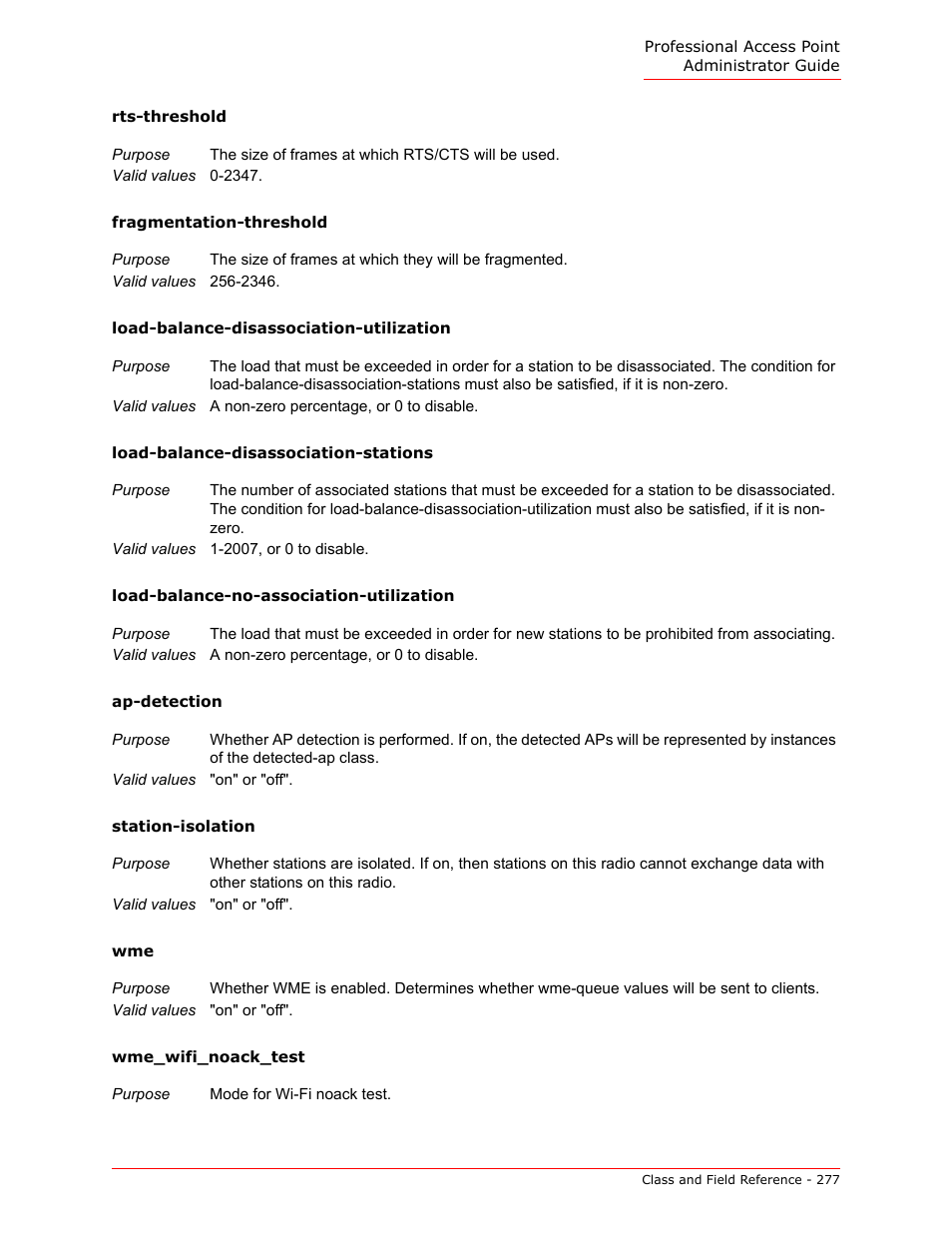 Rts-threshold, Fragmentation-threshold, Load-balance-disassociation-utili- zation | Load-balance-disassociation-sta- tions, Load-balance-no-association-utili- zation, Ap-detection, Station-isolation, Wme_wifi_noack_test | USRobotics Instant802 APSDK User Manual | Page 277 / 328