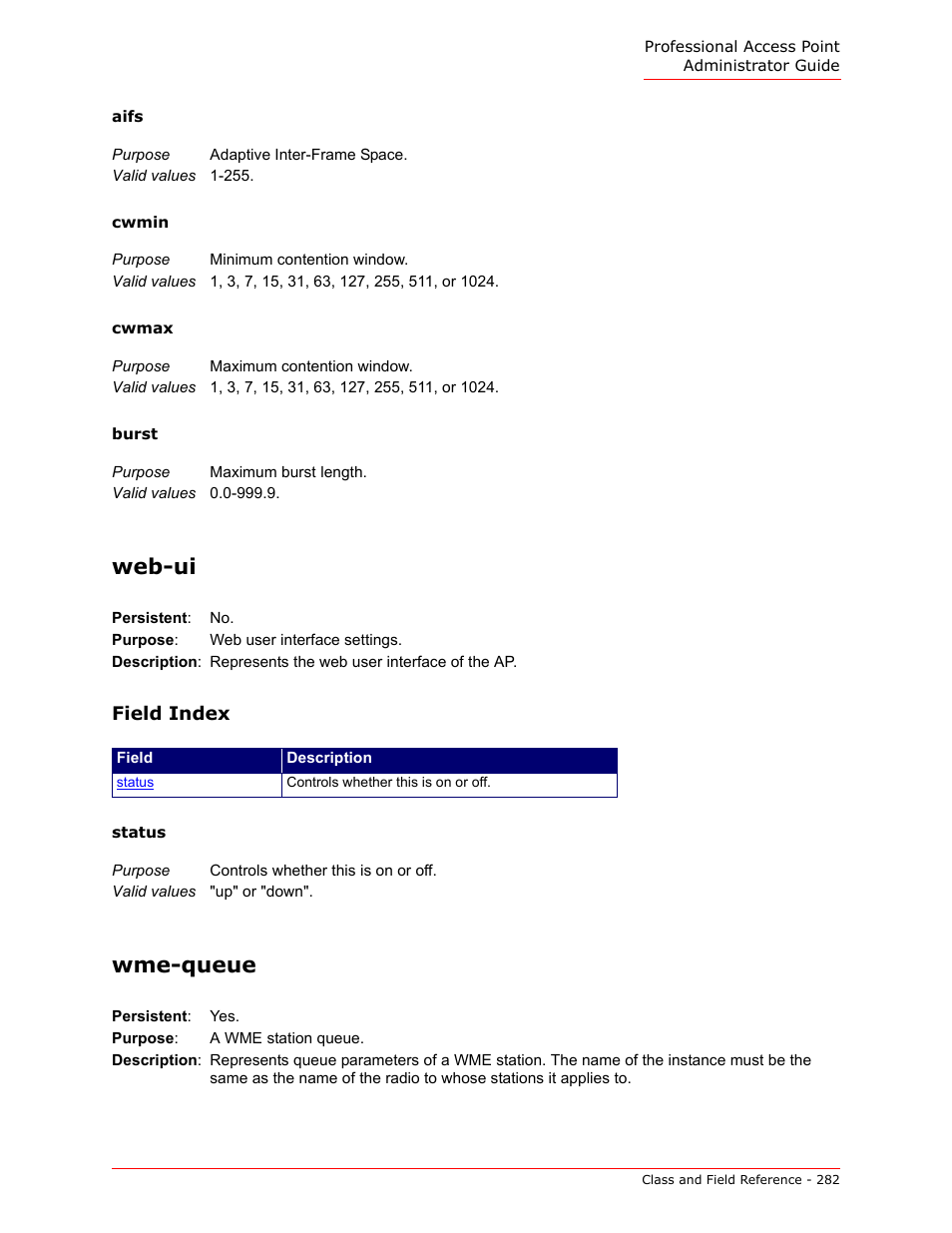 Web-ui, Wme-queue, Aifs | Cwmin, Cwmax, Burst | USRobotics Instant802 APSDK User Manual | Page 282 / 328