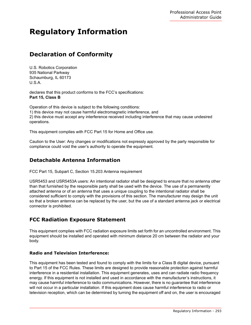 Regulatory information, Declaration of conformity | USRobotics Instant802 APSDK User Manual | Page 293 / 328