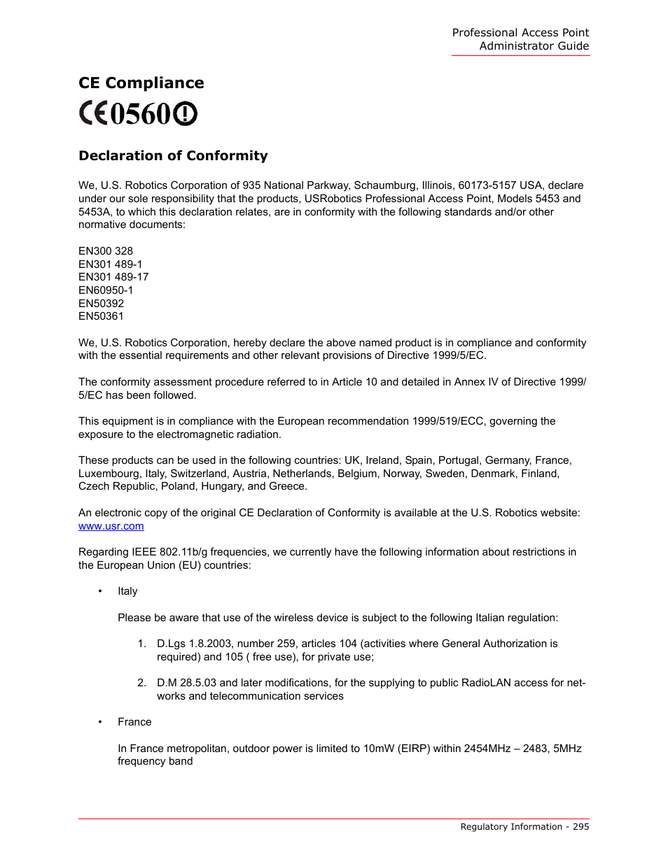 Ce compliance | USRobotics Instant802 APSDK User Manual | Page 295 / 328