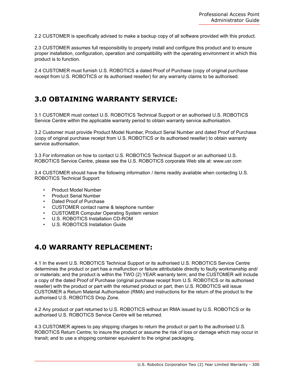 0 obtaining warranty service, 0 warranty replacement | USRobotics Instant802 APSDK User Manual | Page 300 / 328