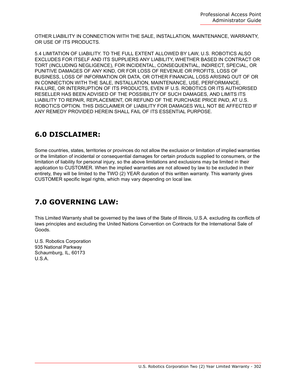 0 disclaimer, 0 governing law, 0 disclaimer: 7.0 governing law | USRobotics Instant802 APSDK User Manual | Page 302 / 328