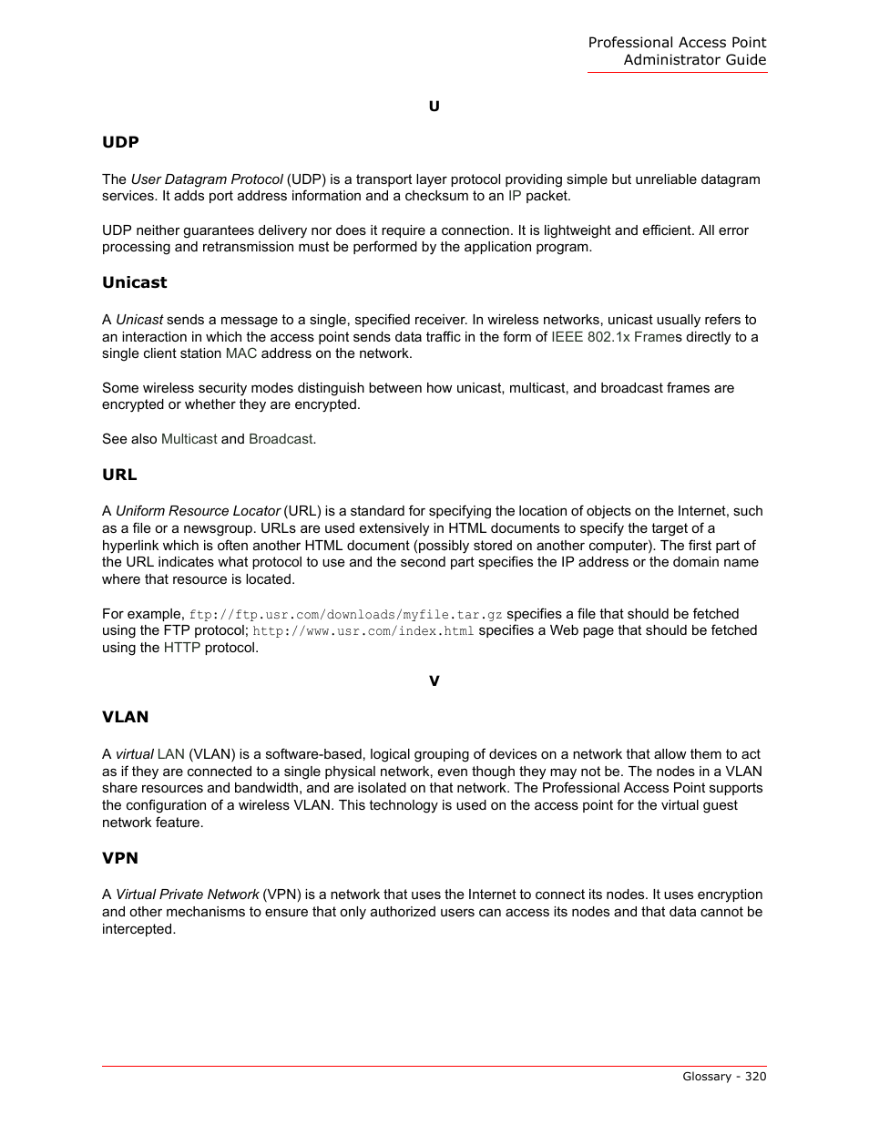 Vlan, Port, Ieee | Unicast, Cast, Access, Ual lans, S) spec, See also | USRobotics Instant802 APSDK User Manual | Page 320 / 328