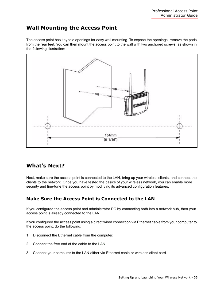 Wall mounting the access point, What’s next, Wall mounting the access point what’s next | USRobotics Instant802 APSDK User Manual | Page 33 / 328