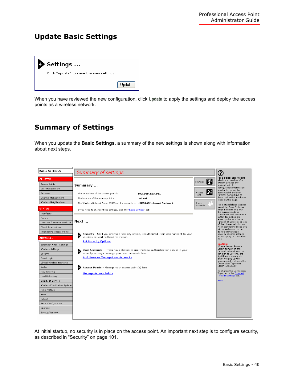 Update basic settings, Summary of settings, Update basic settings summary of settings | USRobotics Instant802 APSDK User Manual | Page 40 / 328