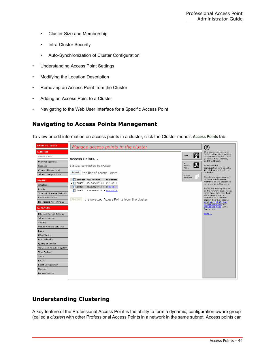 Navigating to access points management, Understanding clustering | USRobotics Instant802 APSDK User Manual | Page 44 / 328