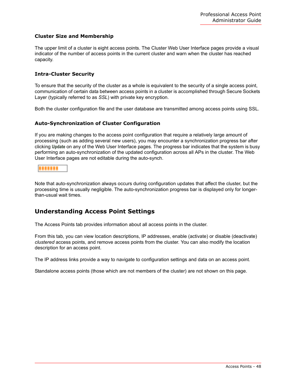 Cluster size and membership, Intra-cluster security, Auto-synchronization of cluster configuration | Understanding access point settings | USRobotics Instant802 APSDK User Manual | Page 48 / 328