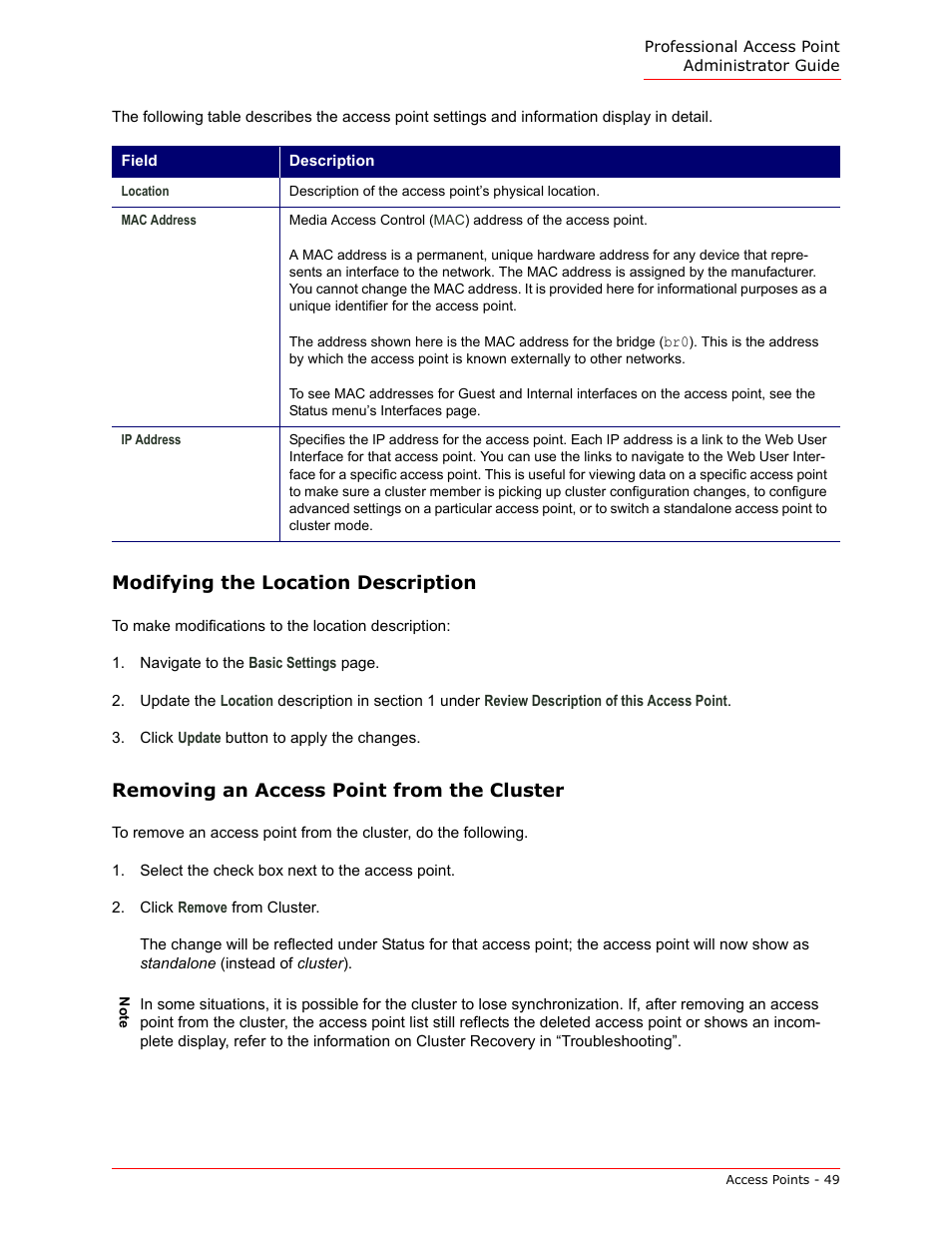 Modifying the location description, Removing an access point from the cluster | USRobotics Instant802 APSDK User Manual | Page 49 / 328