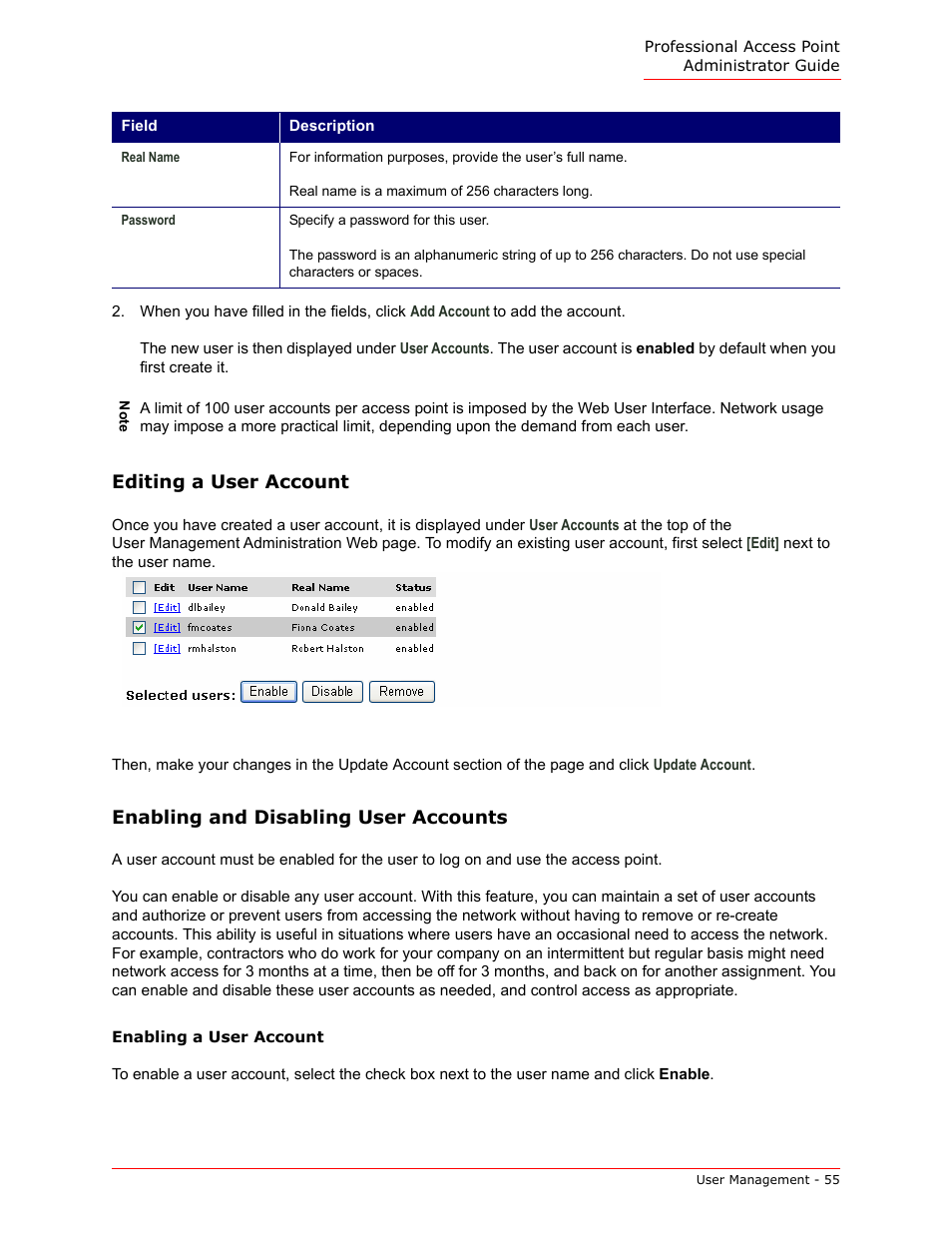 Editing a user account, Enabling and disabling user accounts | USRobotics Instant802 APSDK User Manual | Page 55 / 328