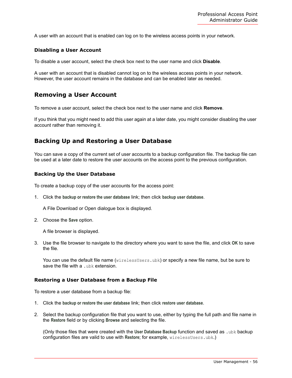 Removing a user account, Backing up and restoring a user database | USRobotics Instant802 APSDK User Manual | Page 56 / 328