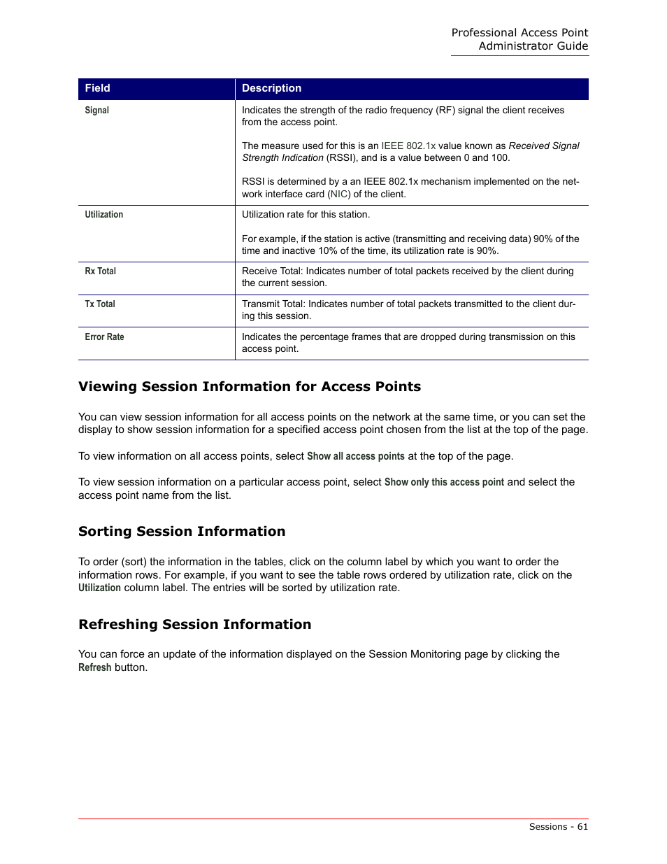 Viewing session information for access points, Sorting session information, Refreshing session information | USRobotics Instant802 APSDK User Manual | Page 61 / 328