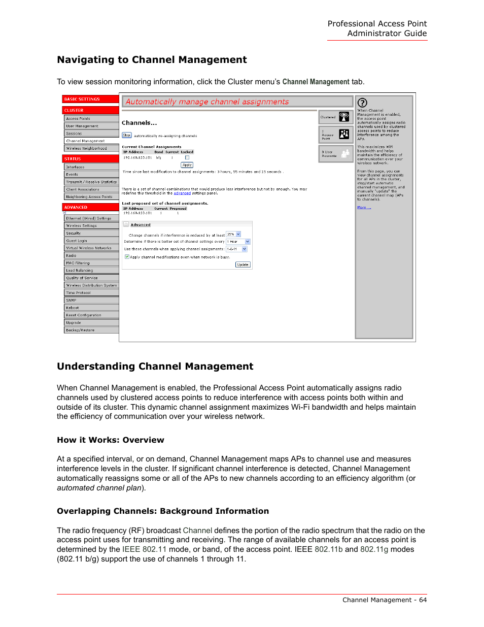 Navigating to channel management, Understanding channel management, How it works: overview | Overlapping channels: background information | USRobotics Instant802 APSDK User Manual | Page 64 / 328