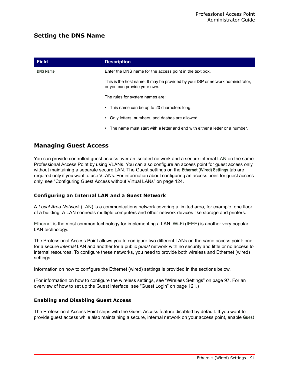 Setting the dns name, Managing guest access, Configuring an internal lan and a guest network | Enabling and disabling guest access | USRobotics Instant802 APSDK User Manual | Page 91 / 328