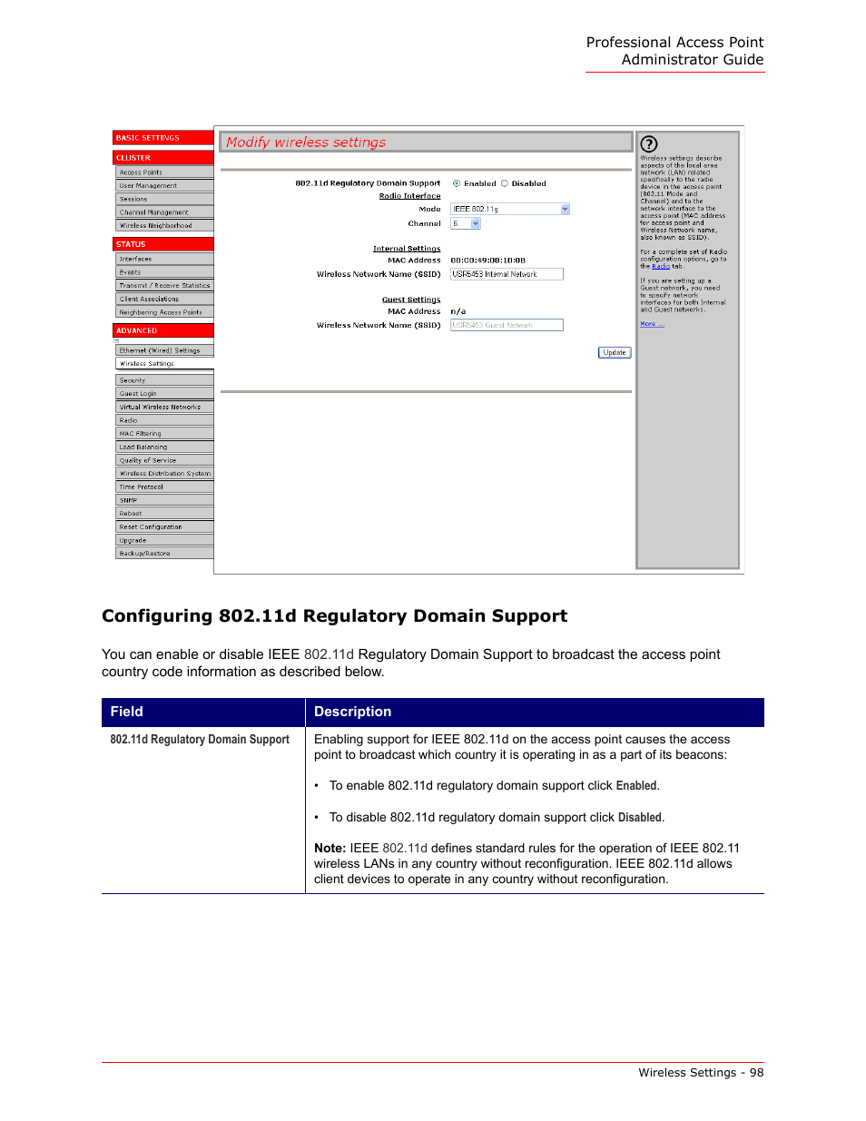 Configuring 802.11d regulatory domain support | USRobotics Instant802 APSDK User Manual | Page 98 / 328