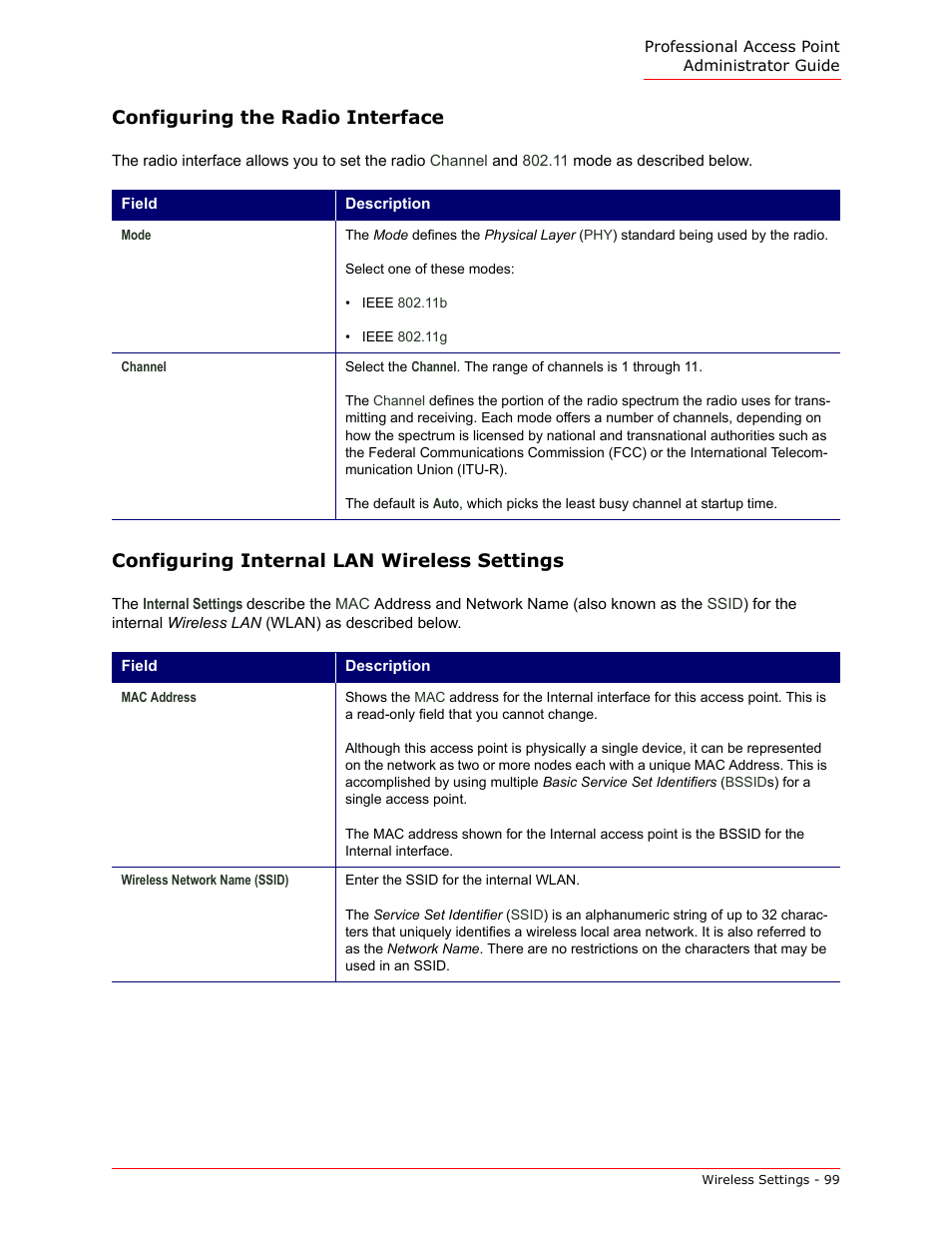 Configuring the radio interface, Configuring internal lan wireless settings | USRobotics Instant802 APSDK User Manual | Page 99 / 328