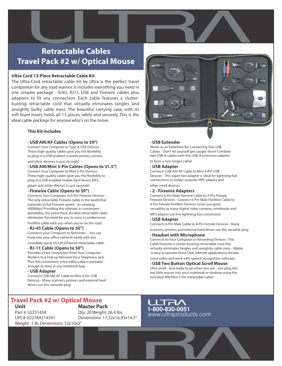 Ultra Products Ultra Cord 13-Piece Retractable Cable Kit ULT31434 User Manual | 1 page