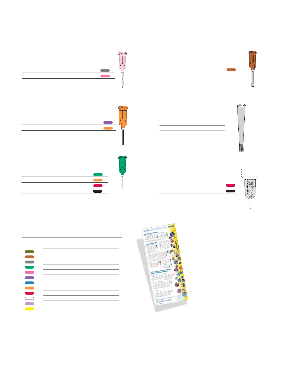 Precision dispense tips, All shipments made within 24 hours, Ptfe-coated tips | Color coding for tip sizes ptfe-lined tips, Chamfered tips, Oval tips, Brush tips, Tip shields, Free syringe & tip poster for adhesive dispensing, 20 tips per box) | Ultra Products Nordson v051806 User Manual | Page 14 / 20