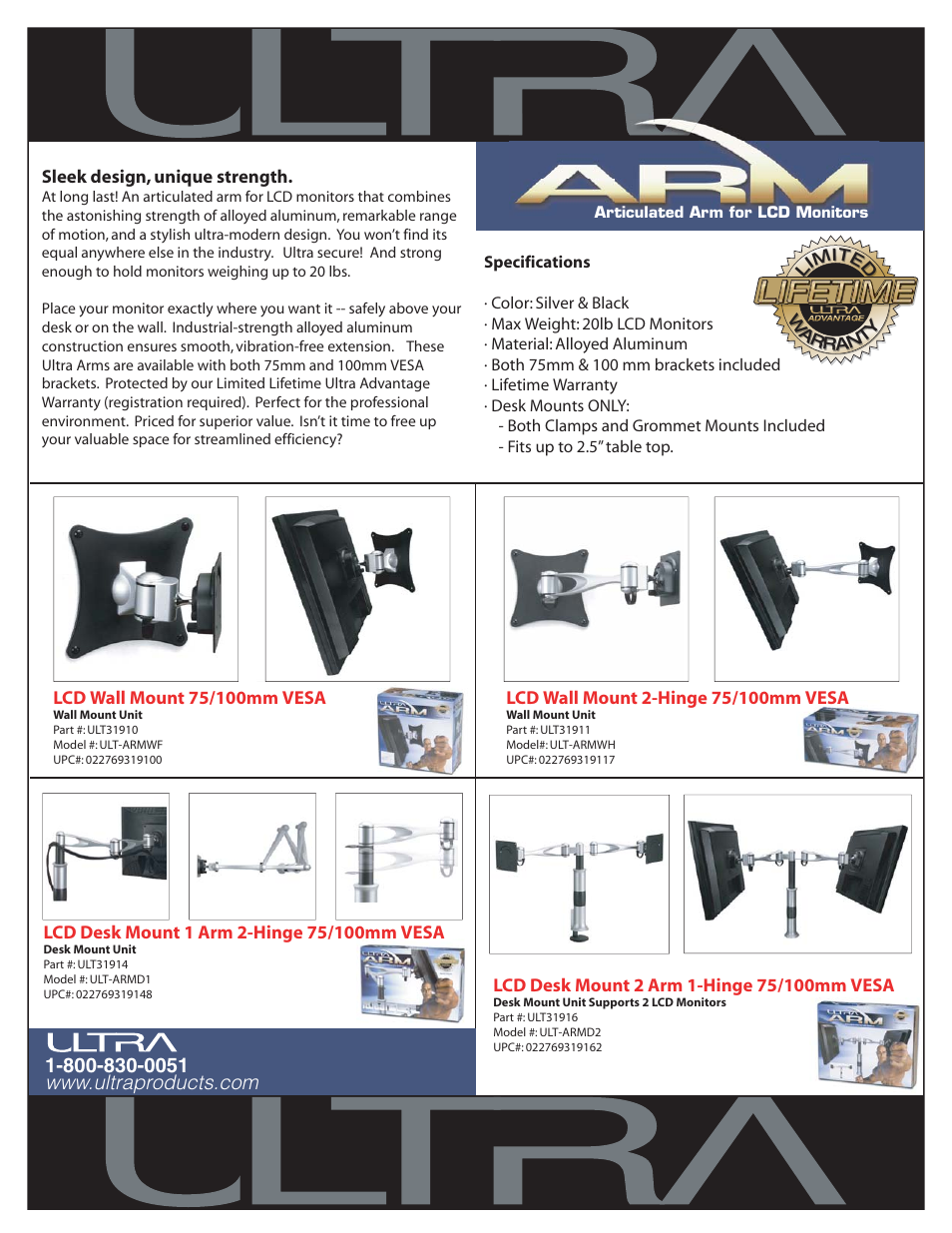 Ultra Products ULT-ARMWH User Manual | 1 page