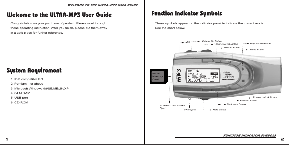 Welcome to the ultra-mp3 user guide, System requirement, Function indicator symbols | Ultra Products MP3 Player User Manual | Page 2 / 12
