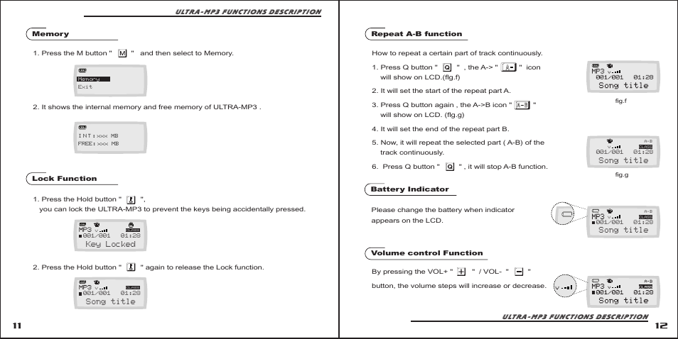 Key locked, Song title | Ultra Products MP3 Player User Manual | Page 7 / 12