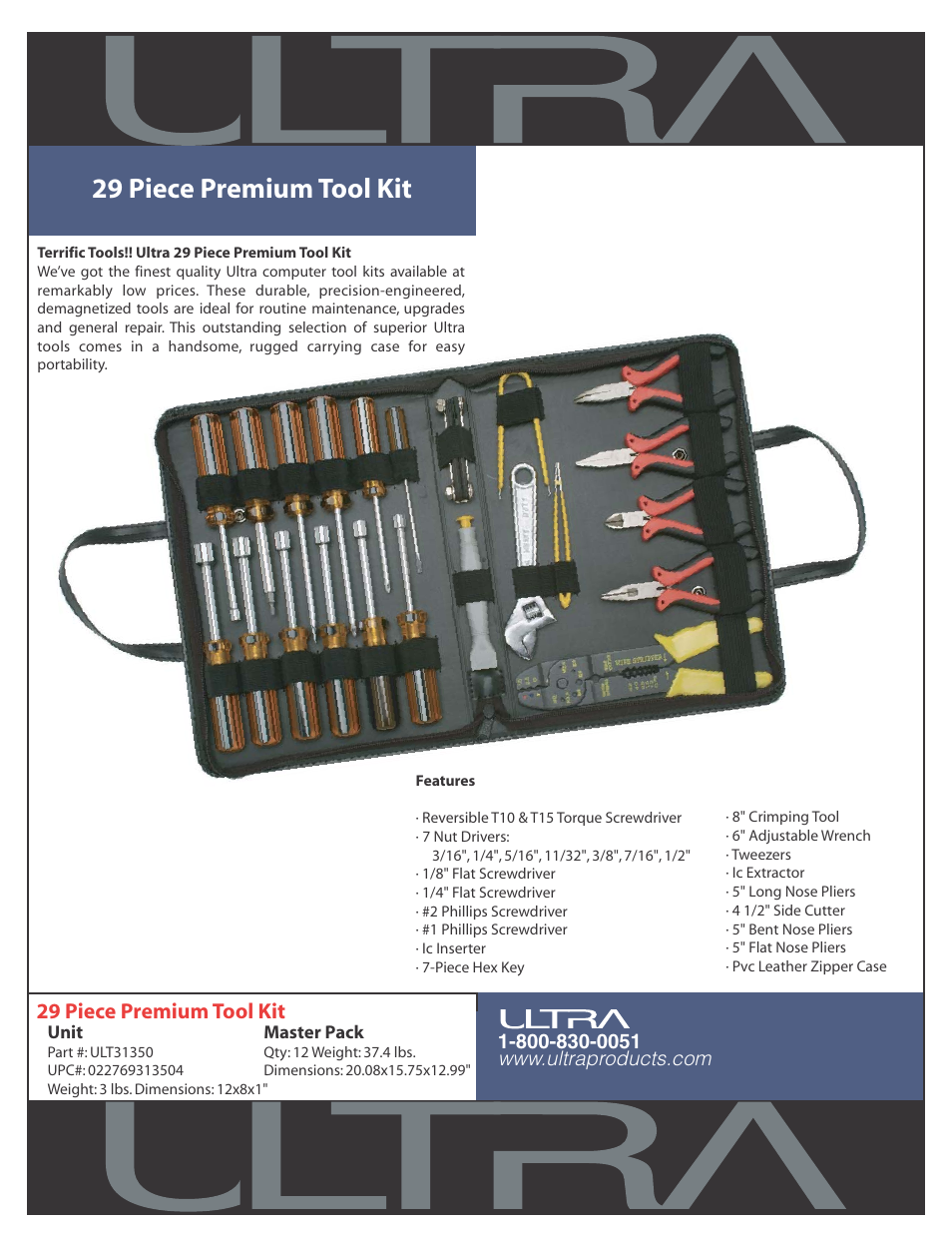 Ultra Products 29 Piece Premium Tool Kit ULT31350 User Manual | 1 page