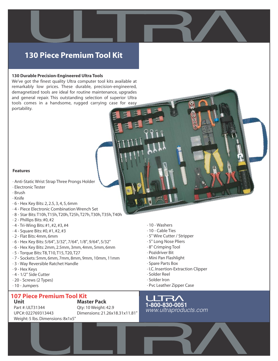 Ultra Products 130 Piece Premium Tool Kit ULT31344 User Manual | 1 page