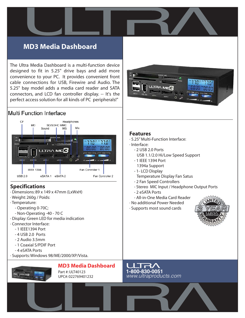 Ultra Products Media Dashboard MD3 User Manual | 1 page