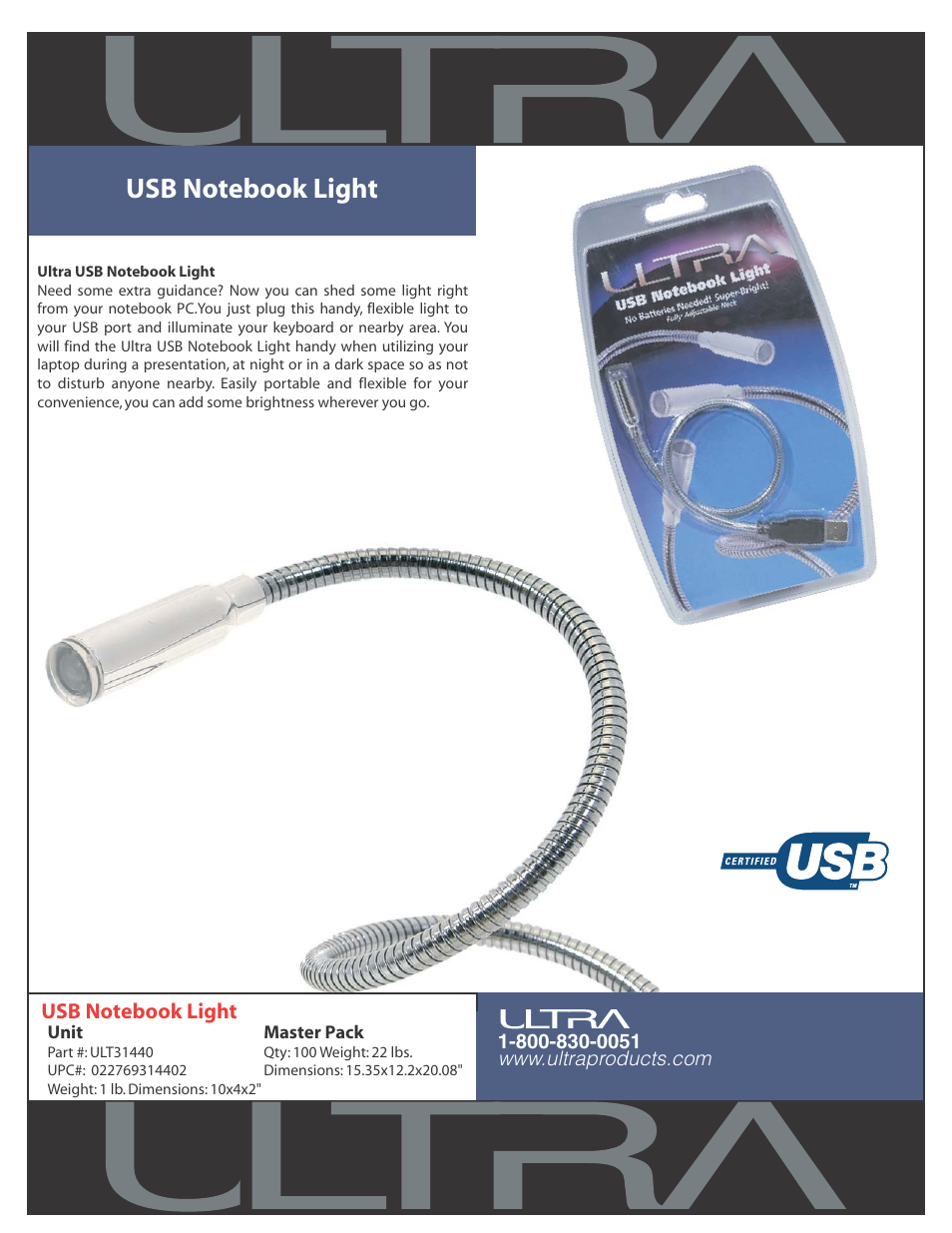 Ultra Products USB Notebook Light ULT31440 User Manual | 1 page