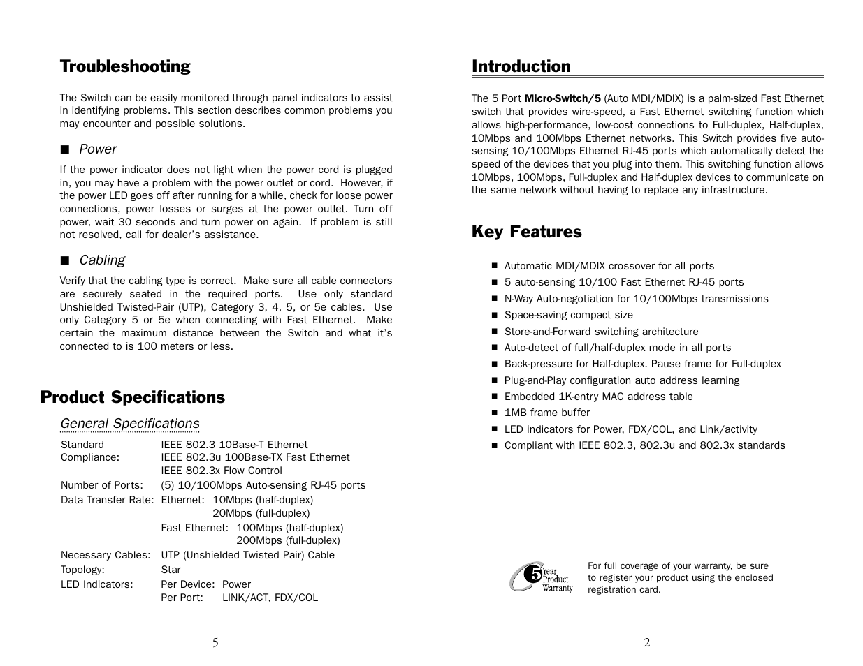 Introduction, Key features, Troubleshooting | Product specifications | UNICOM Electric Micro Net 5 User Manual | Page 3 / 4