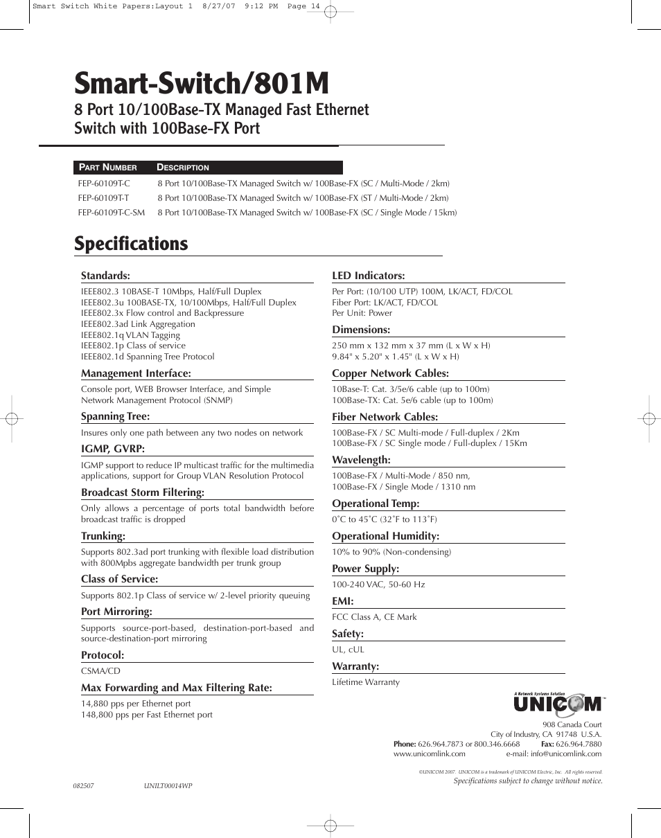 UNICOM Electric FEP-60109T-T User Manual | 1 page