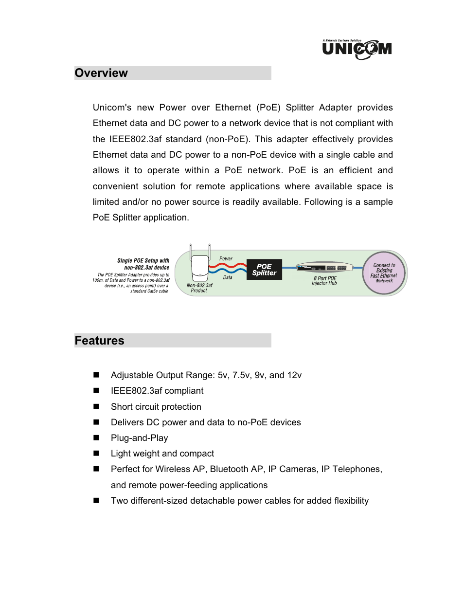 Overview, Features | UNICOM Electric 802.3af User Manual | Page 3 / 9