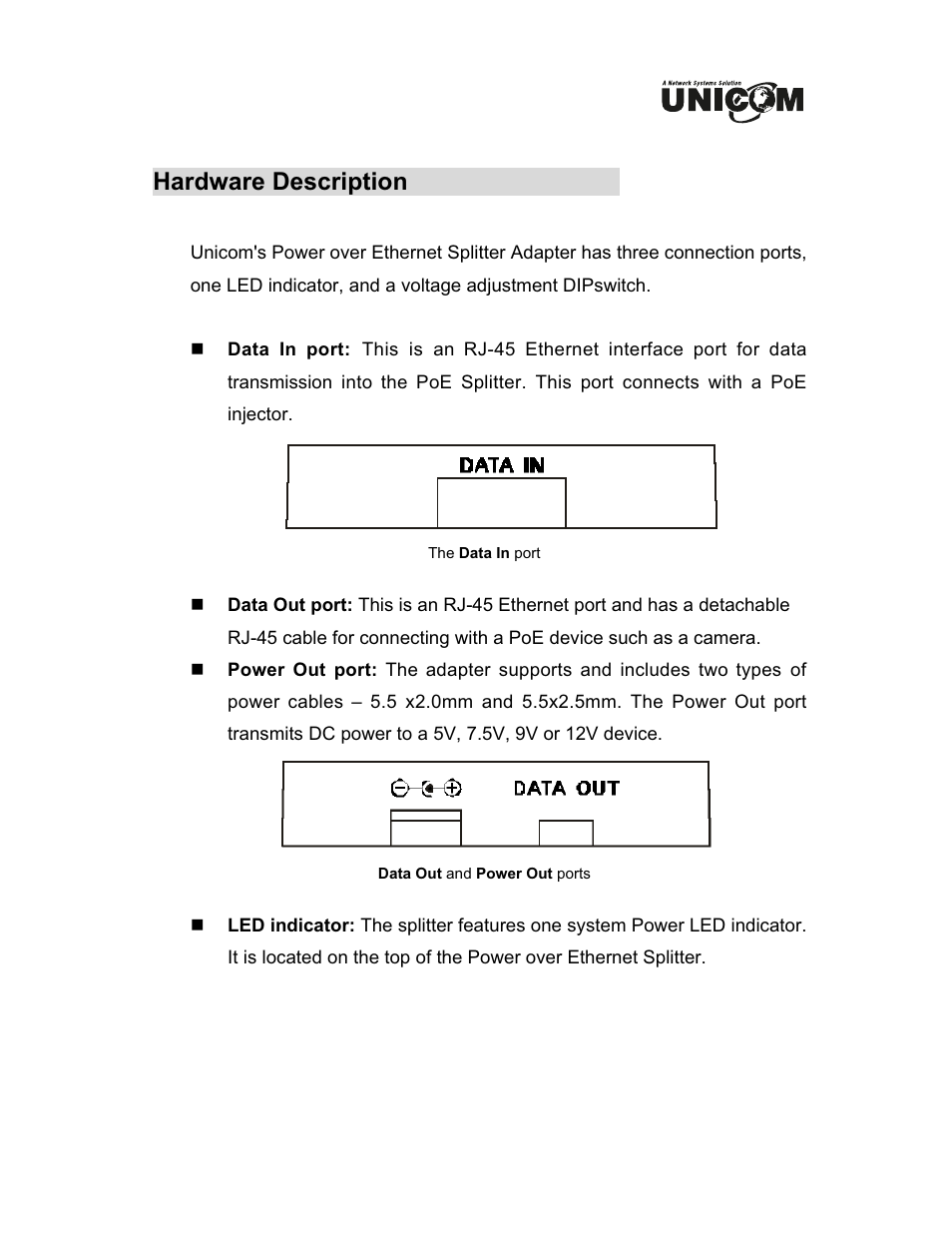 Hardware description | UNICOM Electric 802.3af User Manual | Page 5 / 9
