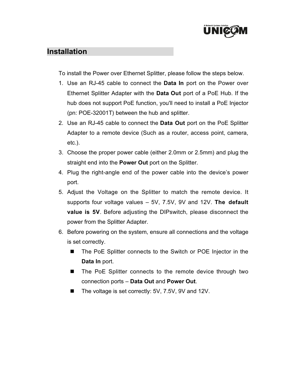 Installation | UNICOM Electric 802.3af User Manual | Page 7 / 9