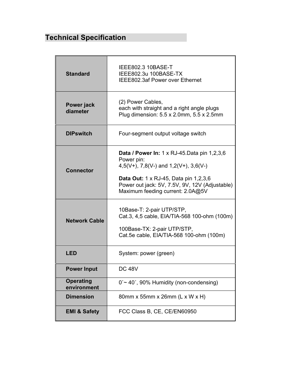 Technical specification | UNICOM Electric 802.3af User Manual | Page 8 / 9