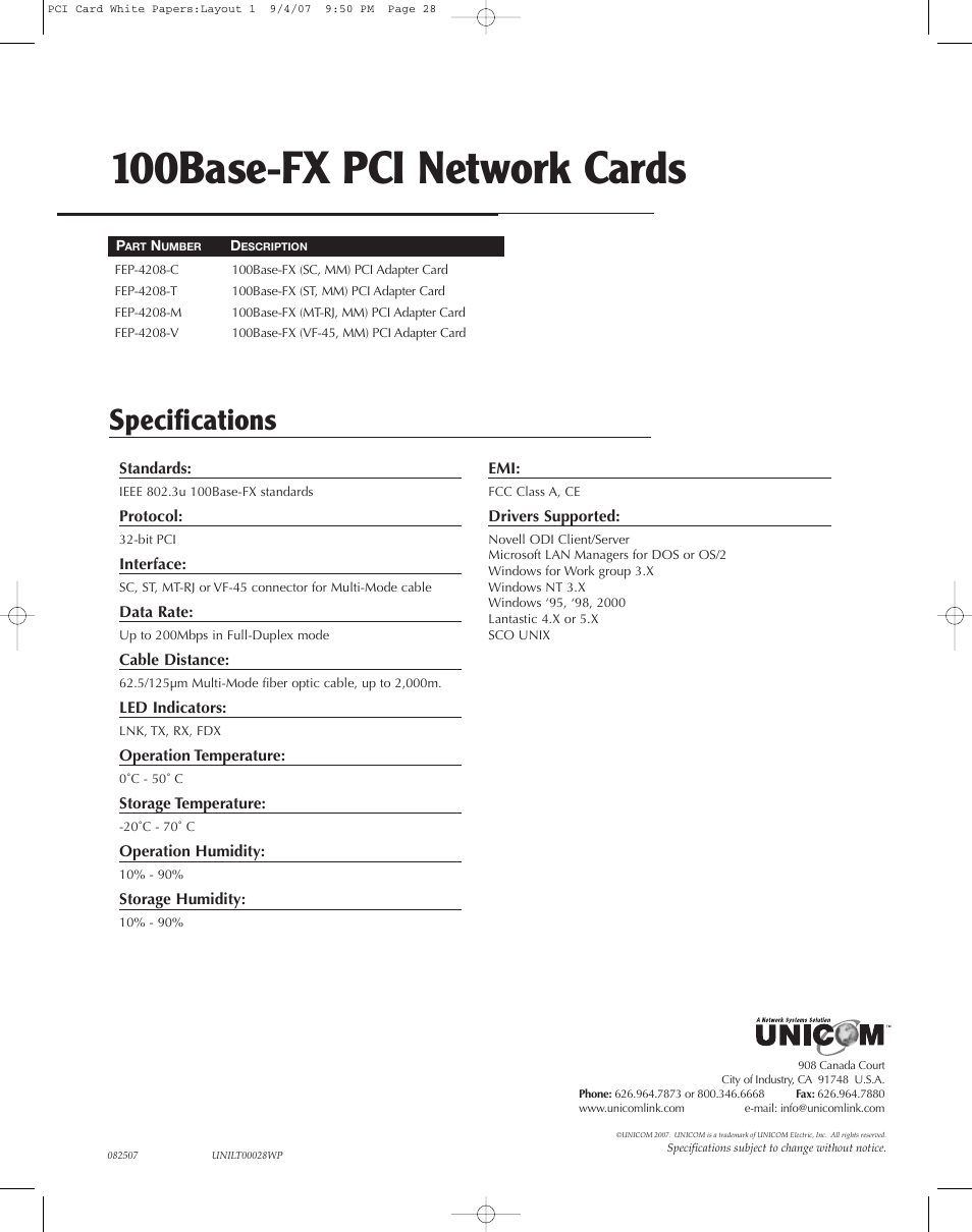 UNICOM Electric FEP-4208-M User Manual | 1 page