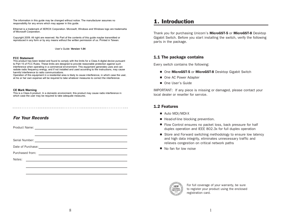 Introduction, For your records, 1 the package contains | 2 features | UNICOM Electric MICROGST-8 User Manual | Page 3 / 6