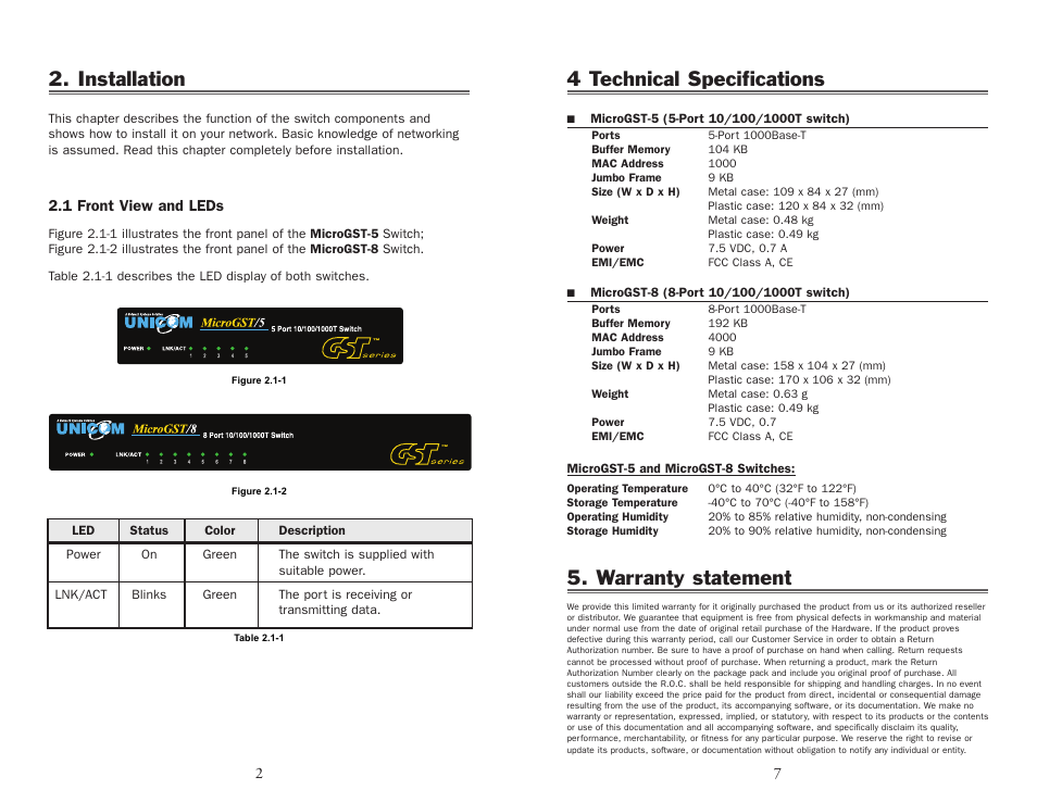 4 technical specifications, Warranty statement, Installation | 1 front view and leds | UNICOM Electric MICROGST-8 User Manual | Page 4 / 6