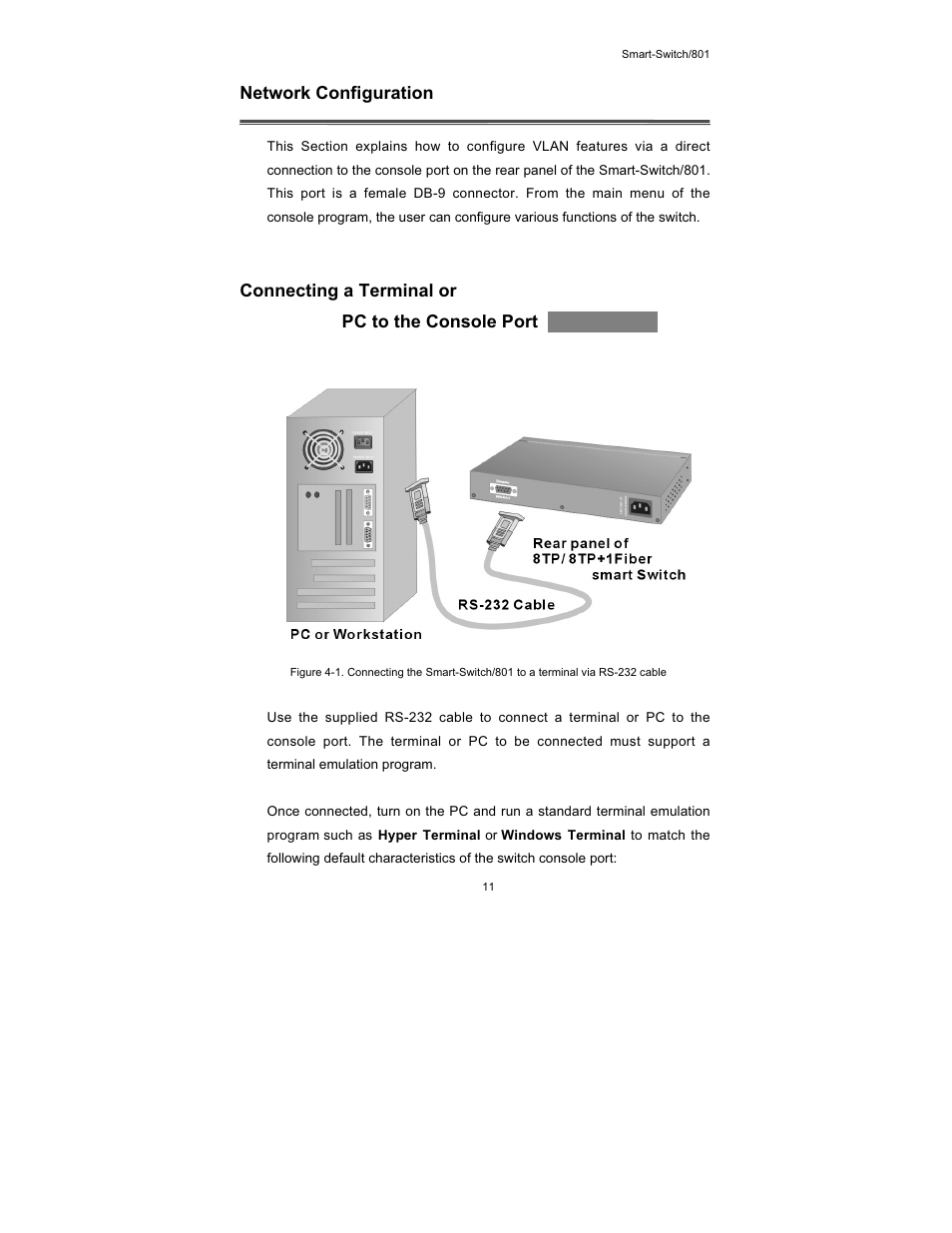 Network configuration, Connecting a terminal or pc to the console port | UNICOM Electric FEP-30109T-C-SM User Manual | Page 12 / 22