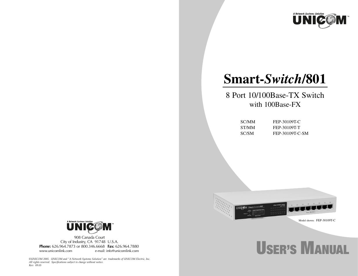 Smart- switch /801, Ser’s, Anual | UNICOM Electric FEP-30109T-C-SM User Manual | Page 22 / 22
